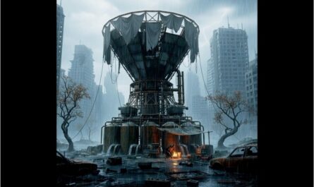 A large, weathered dew-collector structure stands in the center of a ruined, rain-soaked city. Tattered cloth hangs from its top, pipes and metal supports run down its sides, and water pools around its base. Crumbling skyscrapers and abandoned, rusted vehicles surround the scene as a small fire burns near the collector, adding a glow to the otherwise cold, post-apocalyptic environment.