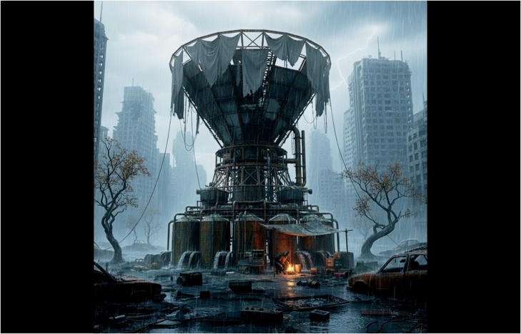A large, weathered dew-collector structure stands in the center of a ruined, rain-soaked city. Tattered cloth hangs from its top, pipes and metal supports run down its sides, and water pools around its base. Crumbling skyscrapers and abandoned, rusted vehicles surround the scene as a small fire burns near the collector, adding a glow to the otherwise cold, post-apocalyptic environment.