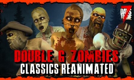 Promotional image for a 7 Days to Die mod called “Double G Zombies: Classics Reanimated,” featuring five reanimated zombie characters inspired by the classic designs from Alpha 16. The zombies appear in front of a moonlit night sky with trees in the background. The text “Double G Zombies” is in bold red, and “Classics Reanimated” is in white below it, with the 7 Days to Die logo in the upper right corner.