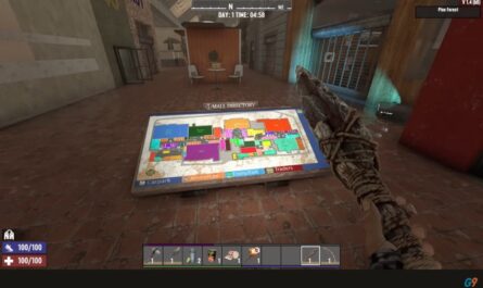 Glock9 exploring Fluffy Panda’s Mega Mall in 7 Days to Die, looking at the in-game mall directory map