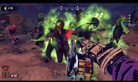 Gameplay screenshot from 7 Days: Blood Moons showing a first-person view of a player wielding a chainsaw against a group of glowing green, zombies. The zombies are surrounded by eerie green mist and appear to be closing in on the player. The player character, wearing a purple and gold outfit, is in the middle of an intense fight with health, stamina, and weapon indicators visible on the screen HUD