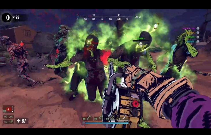 Gameplay screenshot from 7 Days: Blood Moons showing a first-person view of a player wielding a chainsaw against a group of glowing green, zombies. The zombies are surrounded by eerie green mist and appear to be closing in on the player. The player character, wearing a purple and gold outfit, is in the middle of an intense fight with health, stamina, and weapon indicators visible on the screen HUD
