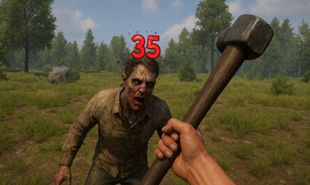 A first-person view from the game “7 Days to Die” showing a player striking a zombie with a sledgehammer. A red number “35” appears above the zombie’s head, indicating the damage dealt by the hit — demonstrating the Damage Visualizer mod in action.