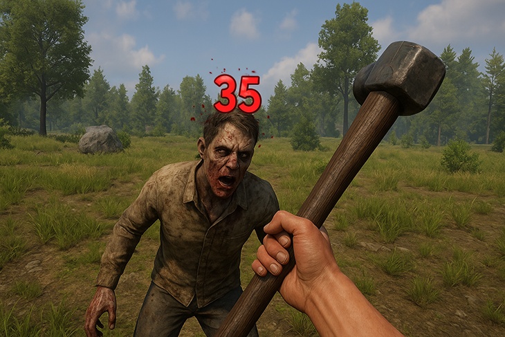 A first-person view from the game “7 Days to Die” showing a player striking a zombie with a sledgehammer. A red number “35” appears above the zombie’s head, indicating the damage dealt by the hit — demonstrating the Damage Visualizer mod in action.