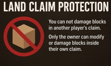 Image with the words Land Claim Protection at the top in bold font, showing a picture of a wooden box with a red circle and strikeout overtop of it. Image includes description stating "You can not damage blocks in another player's claim. Only the owner can modify or damage blocks inside their own claim."