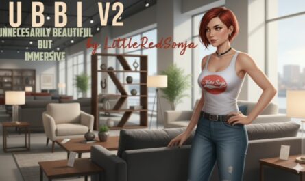 Artwork for the 7 Days to Die mod UBBI V2 – Unnecessarily Beautiful But Immersive by mod creator LittleRedSonja, featuring a stylish woman standing in a modern, sunlit apartment interior.