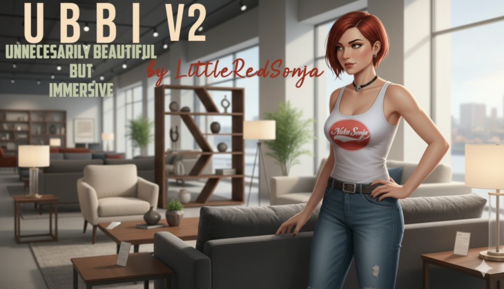 Artwork for the 7 Days to Die mod UBBI V2 – Unnecessarily Beautiful But Immersive by mod creator LittleRedSonja, featuring a stylish woman standing in a modern, sunlit apartment interior.