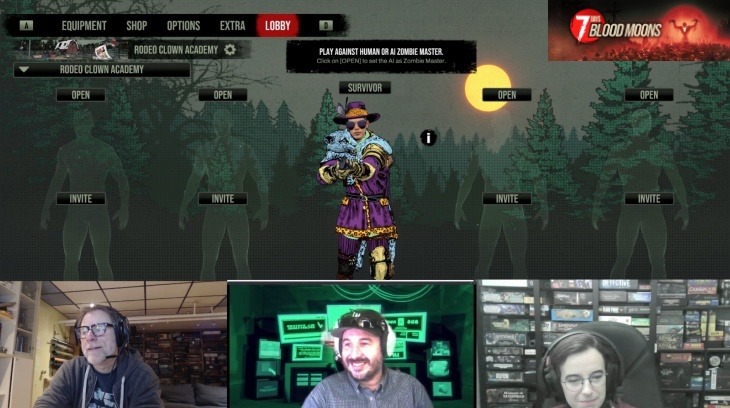 A screenshot from a livestream featuring the developers of the upcoming game 7 Days: Blood Moons. The top portion shows the game’s lobby screen, with a map titled ‘Rodeo Clown Academy,’ with a character dressed in a purple and gold clown outfit holding a weapon, surrounded by empty player slots labeled ‘Invite’ and ‘Open.’ The bottom portion shows three developers on a video call, each in separate rooms filled with shelves of games and equipment, smiling and chatting during the stream.