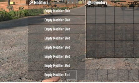 Screenshot from 7 Days to Die showing the player’s inventory screen modified by a mod that adds more mod slots slots for weapons, tools, and outfits. The left panel lists multiple ‘Empty Modifier Slot’ entries, showing the extra mod slots in game.