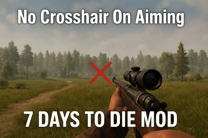 A first-person view from the game 7 Days to Die shows a player aiming a scoped rifle on a grassy path with trees and a distant house. A large red X appears at the center of the screen, and white text reads “No Crosshair On Aiming” at the top and “7 Days to Die Mod” at the bottom.