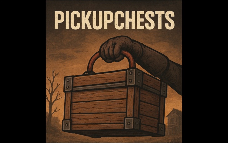 Stylized poster showing a gloved hand holding a wooden chest with metal reinforcements against a brown, dusty background. The title ‘PICKUPCHESTS’ appears at the top in bold letters. Artwork for a 7 Days to Die mod that lets players pick up and move storage chests.