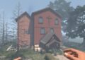 First-person screenshot from 7 Days to Die mod The Witch’s House by Ziudiu, showing a large red wooden house with a cross on the upper wall surrounded by fog and forest.