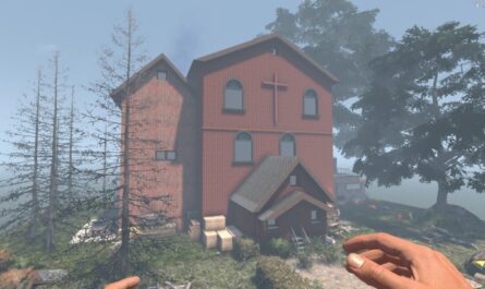 First-person screenshot from 7 Days to Die mod The Witch’s House by Ziudiu, showing a large red wooden house with a cross on the upper wall surrounded by fog and forest.