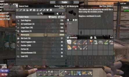Screenshot from the game 7 Days to Die showing a trader’s inventory menu with a list of items for sale, including a motorcycle priced at 30,000 coins. The description notes that the vehicle can be placed in the world using a secondary action and requires a workbench to craft. The player’s inventory is visible on the right side of the screen, and the trader’s background environment is shown behind the interface.