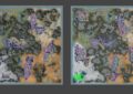 Image showing two custom world maps from 7 Days to Die created by Fluffy Panda. The left map is labeled ‘8K’ and the right map ‘10K,’ each depicting varied biomes including forests, deserts, and snow-covered areas. Both maps feature clusters of purple and black squares indicating points of interest (POIs) generated using Fluffy Panda’s POI mods, demonstrating expanded terrain size and density for larger-scale gameplay.