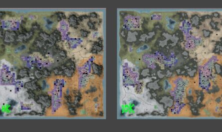 Image showing two custom world maps from 7 Days to Die created by Fluffy Panda. The left map is labeled ‘8K’ and the right map ‘10K,’ each depicting varied biomes including forests, deserts, and snow-covered areas. Both maps feature clusters of purple and black squares indicating points of interest (POIs) generated using Fluffy Panda’s POI mods, demonstrating expanded terrain size and density for larger-scale gameplay.