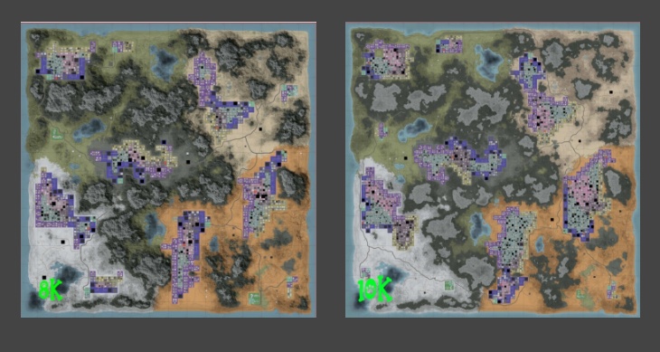 Image showing two custom world maps from 7 Days to Die created by Fluffy Panda. The left map is labeled ‘8K’ and the right map ‘10K,’ each depicting varied biomes including forests, deserts, and snow-covered areas. Both maps feature clusters of purple and black squares indicating points of interest (POIs) generated using Fluffy Panda’s POI mods, demonstrating expanded terrain size and density for larger-scale gameplay.
