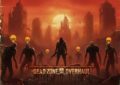 Promotional artwork for the Dead Zone Overhaul mod for 7 Days to Die. The image shows a group of zombie figures approaching a lone armed survivor against the backdrop of a ruined city skyline at sunset. The sky glows red and orange, evoking a post-apocalyptic atmosphere. The title Dead Zone Overhaul appears at the bottom with a skull emblem.