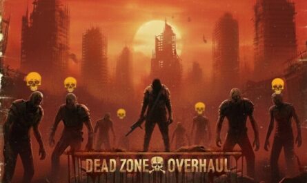 Promotional artwork for the Dead Zone Overhaul mod for 7 Days to Die. The image shows a group of zombie figures approaching a lone armed survivor against the backdrop of a ruined city skyline at sunset. The sky glows red and orange, evoking a post-apocalyptic atmosphere. The title Dead Zone Overhaul appears at the bottom with a skull emblem.