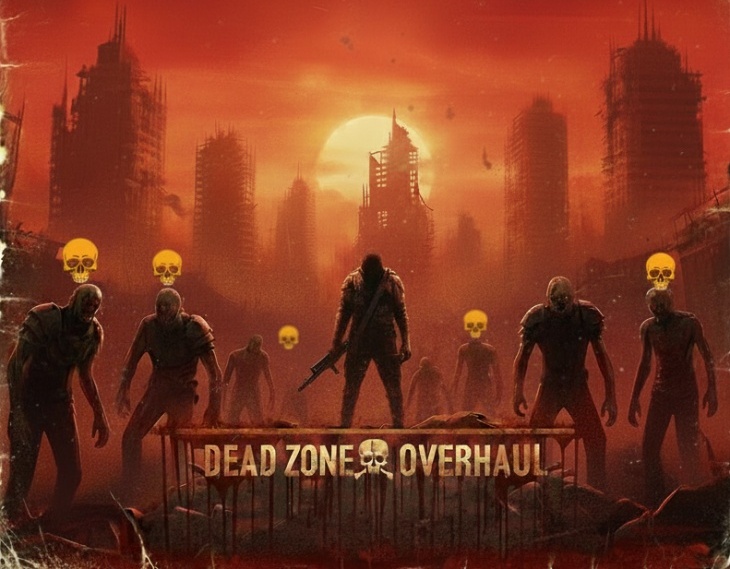 Promotional artwork for the Dead Zone Overhaul mod for 7 Days to Die. The image shows a group of zombie figures approaching a lone armed survivor against the backdrop of a ruined city skyline at sunset. The sky glows red and orange, evoking a post-apocalyptic atmosphere. The title Dead Zone Overhaul appears at the bottom with a skull emblem.