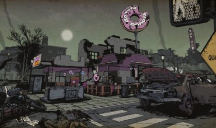 Art for the map 'Downtown' from 7 Days Blood Moons. The image dpicts one fo the POIs from the map called Donut Shop.
