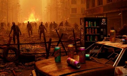 A post-apocalyptic city street filled with rubble and abandoned cars under an orange, smoke-filled sky. Dozens of zombies approach from the distance as fires burn between ruined buildings. In the foreground, a rusted car and a broken barricade hold brightly colored energy drink cans. A nearby vending machine, decorated with a skull symbol, is stocked with the same cans, contrasting sharply with the bleak environment.