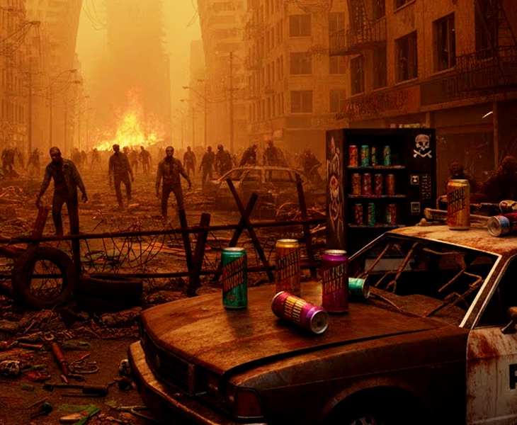 A post-apocalyptic city street filled with rubble and abandoned cars under an orange, smoke-filled sky. Dozens of zombies approach from the distance as fires burn between ruined buildings. In the foreground, a rusted car and a broken barricade hold brightly colored energy drink cans. A nearby vending machine, decorated with a skull symbol, is stocked with the same cans, contrasting sharply with the bleak environment.