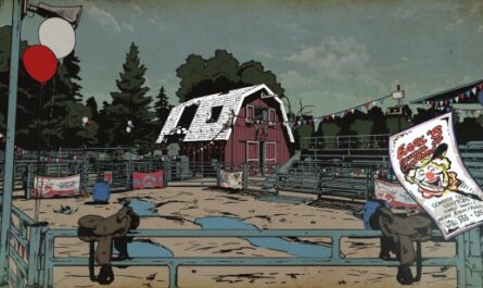 Art for the map Rodeo Farm in 7 Days Blood Moons, the newest title from The Fun Pimps and iLLOGIKA. The image depicts a red Barn, one of the key POIs for the Rodeo Farm map.
