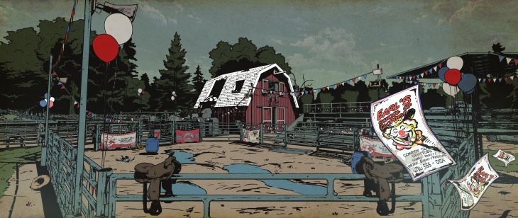Art for the map Rodeo Farm in 7 Days Blood Moons, the newest title from The Fun Pimps and iLLOGIKA. The image depicts a red Barn, one of the key POIs for the Rodeo Farm map.