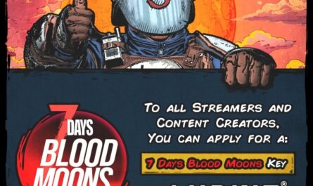 A colorful comic-style illustration of a smiling astronaut giving a thumbs-up in front of an orange-red moon and clouds. The text reads: “7 Days Blood Moons. To all Streamers and Content Creators, you can apply for a 7 Days Blood Moons key on Lurkit by clicking on our link!”