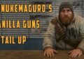A rugged, bearded man dressed in winter gear leans on a wooden counter, with ammunition and binoculars strapped across his chest. Behind him is a weathered metal wall. Bold yellow text reads: “Funukemaguro's Vanilla Guns Detail Up.” This promotional image represents a 7 Days to Die mod that enhances the visual details of the game's vanilla guns.
