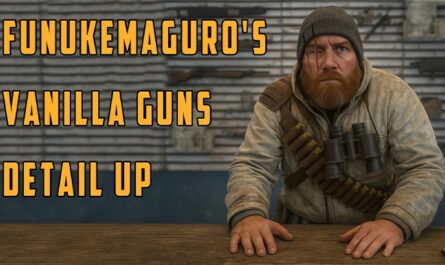 A rugged, bearded man dressed in winter gear leans on a wooden counter, with ammunition and binoculars strapped across his chest. Behind him is a weathered metal wall. Bold yellow text reads: “Funukemaguro's Vanilla Guns Detail Up.” This promotional image represents a 7 Days to Die mod that enhances the visual details of the game's vanilla guns.