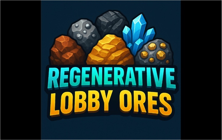 Promotional image for mod 'Regenerative Lobby Ores' by TheMeanOneDevelopments made for the game 7 Days to Die. Image depicts various ores in animated form with the word Regenerative in light blue directly above the words Lobby Ores in yellow