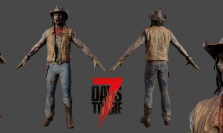 A 3D character model of a zombie cowboy named “The Rancher” from the game 7 Days to Die. The undead figure is dressed in a brown cowboy hat, red neckerchief, tan leather vest, jeans, and worn brown boots. His skin is gray and decayed, with visible veins and gory facial details including sharp teeth and hollow eyes. The image shows four angles — front, back, and both sides — against a dark background, with the red “7 Days to Die” logo in the center. This model is introduced in version 2.5 experimental as the replacement for the plague spitter enemy type.
