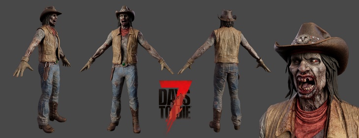 A 3D character model of a zombie cowboy named “The Rancher” from the game 7 Days to Die. The undead figure is dressed in a brown cowboy hat, red neckerchief, tan leather vest, jeans, and worn brown boots. His skin is gray and decayed, with visible veins and gory facial details including sharp teeth and hollow eyes. The image shows four angles — front, back, and both sides — against a dark background, with the red “7 Days to Die” logo in the center. This model is introduced in version 2.5 experimental as the replacement for the plague spitter enemy type.