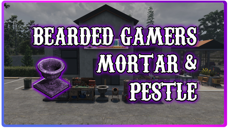 Bearded Gamers Mortar & Pestle” — written in a bold, Western-style font with a purple glow and white outline. The text is prominent and eye-catching, suggesting a playful or creative gaming brand identity.