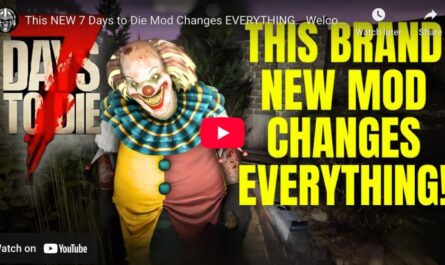 Thumbnail for Spartan-85’s YouTube video titled ‘This NEW 7 Days to Die Mod Changes EVERYTHING!’ featuring a creepy clown from the Asylum Overhaul Mod and bold yellow text that reads ‘This brand new mod changes everything