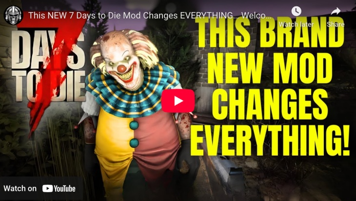 Thumbnail for Spartan-85’s YouTube video titled ‘This NEW 7 Days to Die Mod Changes EVERYTHING!’ featuring a creepy clown from the Asylum Overhaul Mod and bold yellow text that reads ‘This brand new mod changes everything