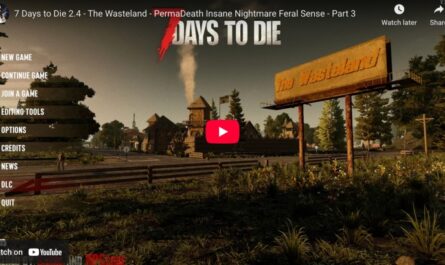 Screenshot of the main menu from 7 Days to Die showing a post-apocalyptic town with trees and smoke in the distance. A large sign reads “The Wasteland,” and the game menu options appear on the left, including New Game, Continue Game, and Join a Game