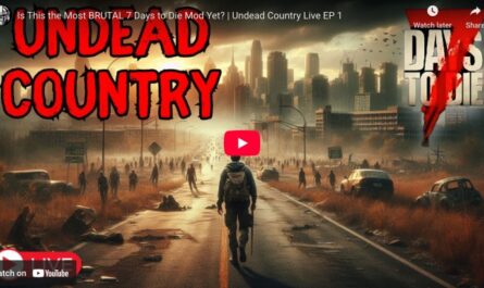 A lone survivor walks down a desolate highway toward a ruined city skyline under an orange sky. The road is littered with abandoned cars and debris, and shadowy zombie figures wander ahead. Large red text reads “UNDEAD COUNTRY,” and in the corner is the “7 Days to Die” logo, suggesting it’s a mod or live episode of the game