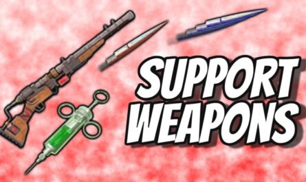 A digital graphic with a red and white textured background featuring several illustrated weapons — a rifle, syringe with green liquid, and two blade-like projectiles — arranged around bold white text outlined in black that reads “SUPPORT WEAPONS.”