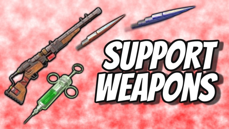 A digital graphic with a red and white textured background featuring several illustrated weapons — a rifle, syringe with green liquid, and two blade-like projectiles — arranged around bold white text outlined in black that reads “SUPPORT WEAPONS.”