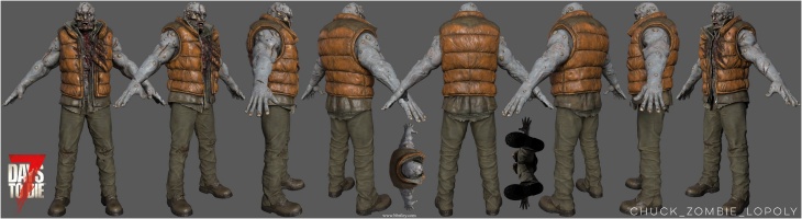 Image depicts new snow zombie 'Chuck' which will replace the Frost Claw in the upcoming Community goodwill Update in early December. Chuck is wearing a puffy orange winter vest and green-grey pants and is depicted from multiple angles to showcase his 3D model