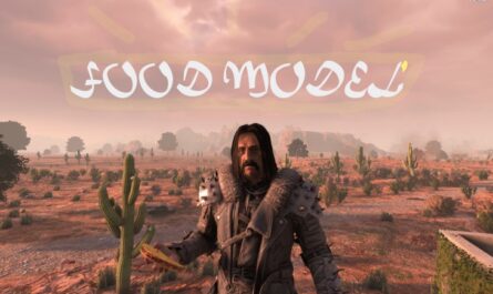 A man in rugged, post-apocalyptic armor holding food in a desert landscape filled with cacti, under a pink sky with the stylized text “FOOD MODEL” written across the top.