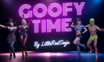 Stylized 3D promotional image for LittleRedSonja's Goofy Time mod for the game 7 Days to Die. The scene features four characters—two women in fantasy or Halloween-style outfits, one in a police costume, and a man in a green mask and bright shorts—posing on a neon-lit stage beneath large glowing pink text that reads ‘GOOFY TIME’.
