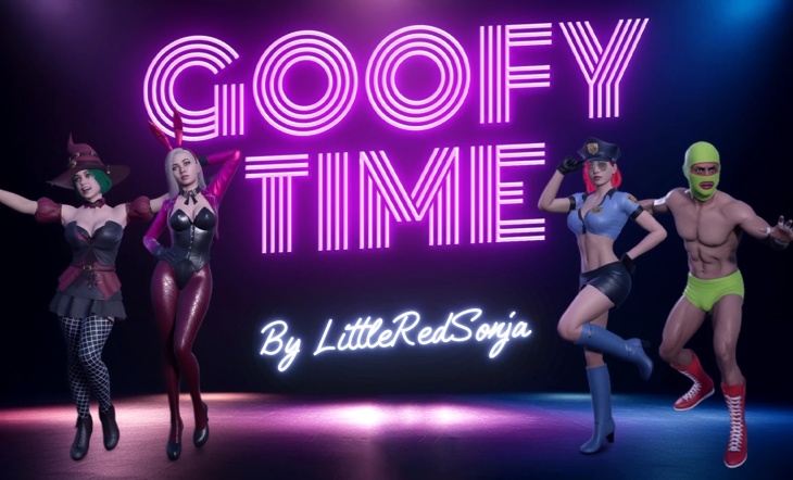 Stylized 3D promotional image for LittleRedSonja's Goofy Time mod for the game 7 Days to Die. The scene features four characters—two women in fantasy or Halloween-style outfits, one in a police costume, and a man in a green mask and bright shorts—posing on a neon-lit stage beneath large glowing pink text that reads ‘GOOFY TIME’.