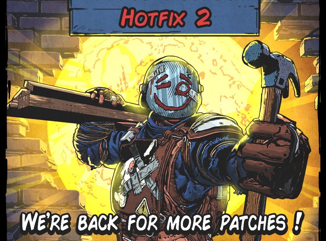 Promotional image for the second patch for 7 Days Blood Moods (early access hot fix 2). Image depicts the "watcher" skin holding a hammer and lumber supplies with text reading we're back for more patches!