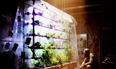 A dim, post-apocalyptic workshop featuring a glowing multi-tier hydroponics setup covered in plastic sheeting, with lush green plants illuminated by purple grow lights, while a survivor in protective gear tends to equipment—featured image for GrayedSilence’s Hydroponics 2.0 Renewed mod for 7 Days to Die