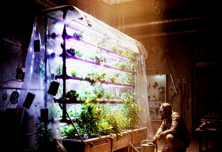 A dim, post-apocalyptic workshop featuring a glowing multi-tier hydroponics setup covered in plastic sheeting, with lush green plants illuminated by purple grow lights, while a survivor in protective gear tends to equipment—featured image for GrayedSilence’s Hydroponics 2.0 Renewed mod for 7 Days to Die