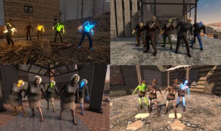A compilation of four in-game screenshots from a 7 Days to Die mod by khzmusik, showing new zombie variants. The top left image shows burnt zombies, the top right shows suited businessman zombies, the bottom left shows businesswoman zombies, and the bottom right shows cowgirl zombies in tattered outfits. each screenshot shows the new zombie type in each of the supported variants.